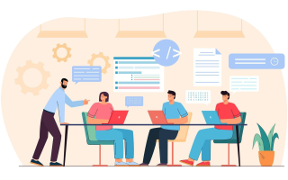 team-programmers-working-program-code-with-laptops-teamwork-male-female-professional-testers-coders-flat-vector-illustration-software-development-programming-lesson-concept